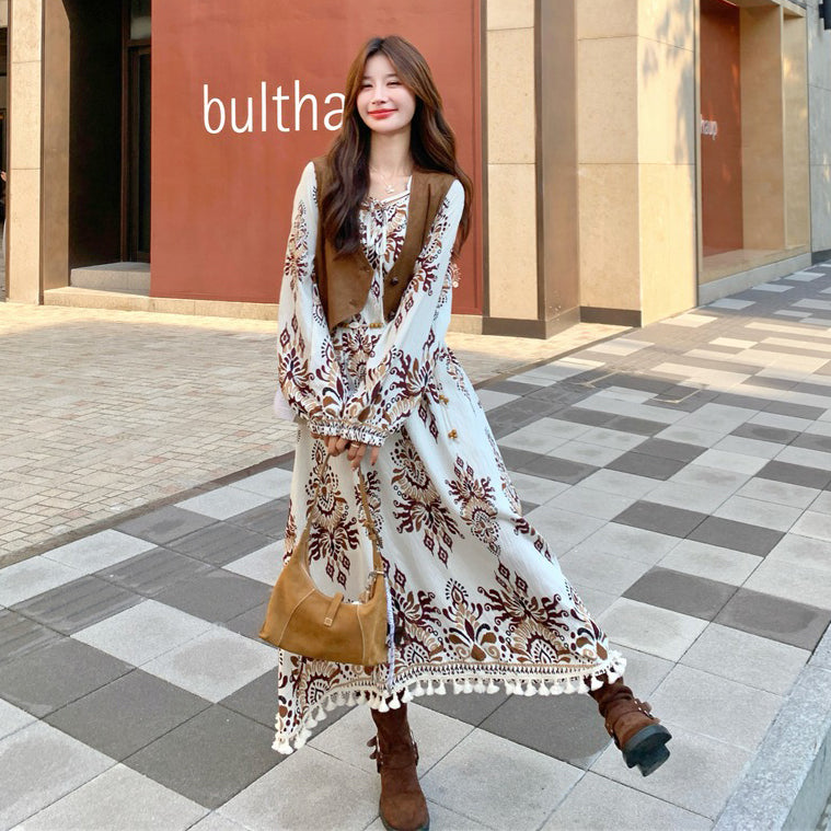 【セットアップ】ボヘミアン民族風ベスト＋花柄ワンピース レディース 春秋 個性的で華やか 絶美長袖ワンピース【SHシリーズ】