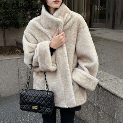 【アウター】エコミンク風ファー 春 秋 冬 立ち襟 フェイクファー スエード調裏地 もこもこ コート 【JZシリーズ】