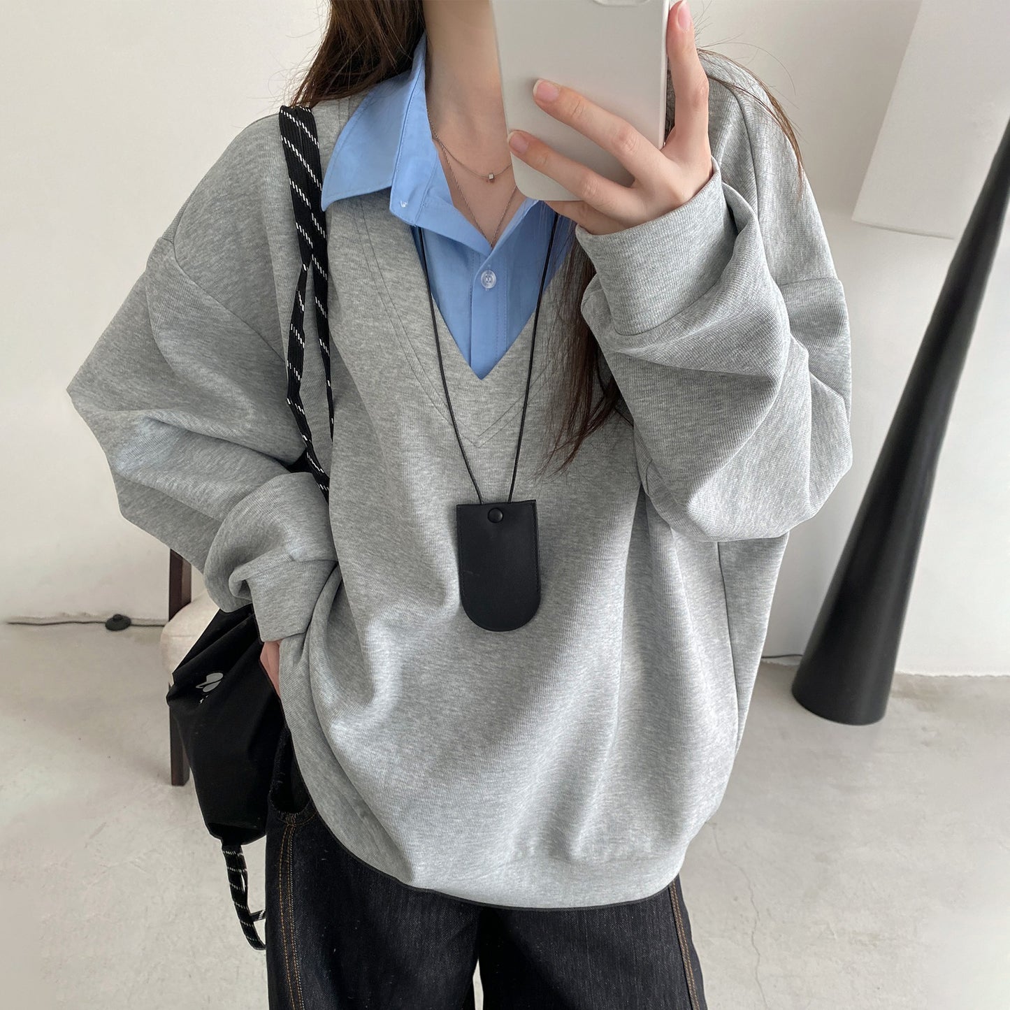 【トップス】レイヤード風 配色切り替え プルオーバースウェット レディース ゆったり カジュアル 春秋 パーカー【FCシリーズ】