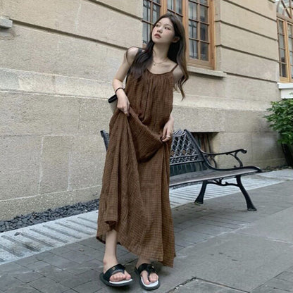 【ワンピース】フレンチ レトロ チェック キャミワンピース レディース 夏 リゾート 海辺 こなれ感 上品 ノースリーブ ロングワンピース【JZシリーズ】