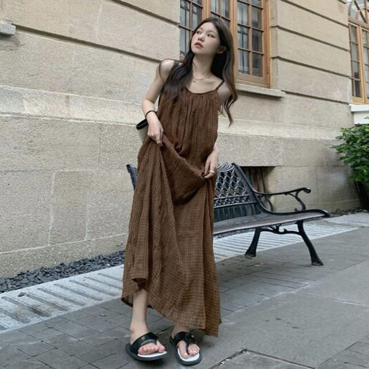 【ワンピース】フレンチ レトロ チェック キャミワンピース レディース 夏 リゾート 海辺 こなれ感 上品 ノースリーブ ロングワンピース【JZシリーズ】
