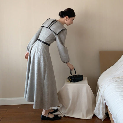 【ワンピース】春 秋 冬 マリン大きめ襟 甘く若見え ウエストシェイプ 長袖 ワンピース 【JZシリーズ】