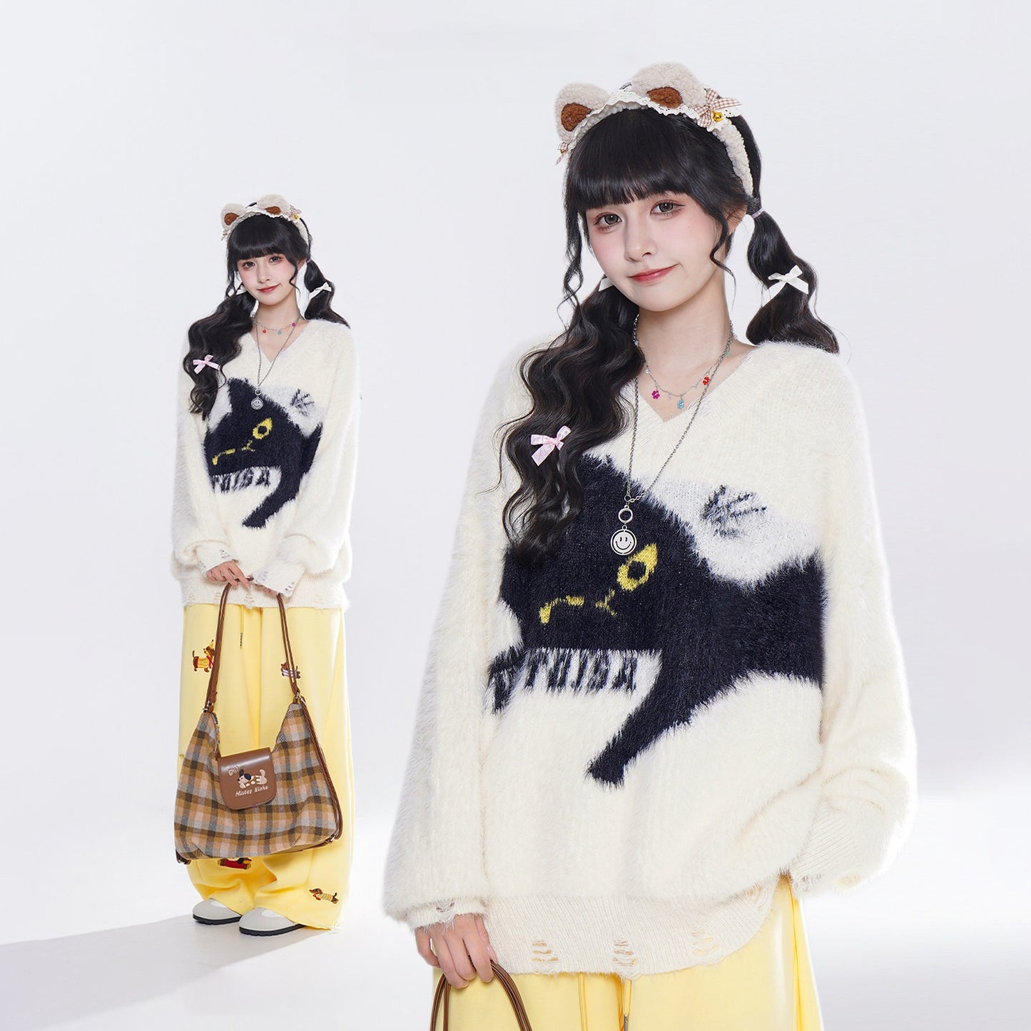 【トップス】猫刺繍 ニット レディース アメリカンヴィンテージ モヘア混 ルーズ【FCシリーズ】