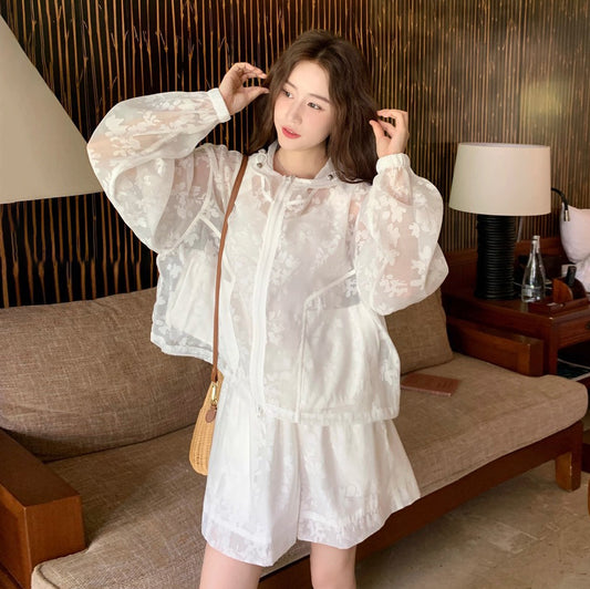 2点セット!【セットアップ】フレンチガーリー♡ホワイトレース刺繍UVパーカー＋ワイドパンツ 夏 上下セットアップ【JZシリーズ】