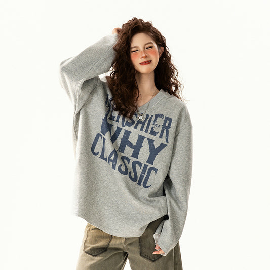 【トップス】アメリカンレトロ ルーズフィット ロゴプリント Vネック スウェット レディース 春秋 カジュアル 万能コーデ パーカー【FCシリーズ】