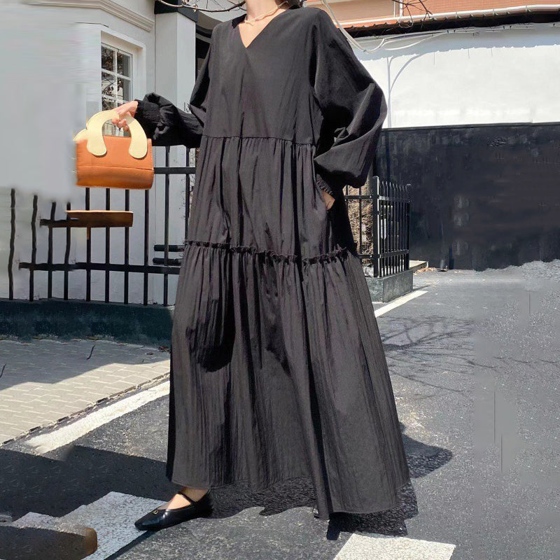 [洋裝] 春秋夏季大尺碼寬鬆修身長袖連身裙