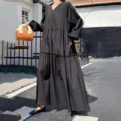 [洋裝] 春秋夏季大尺碼寬鬆修身長袖連身裙