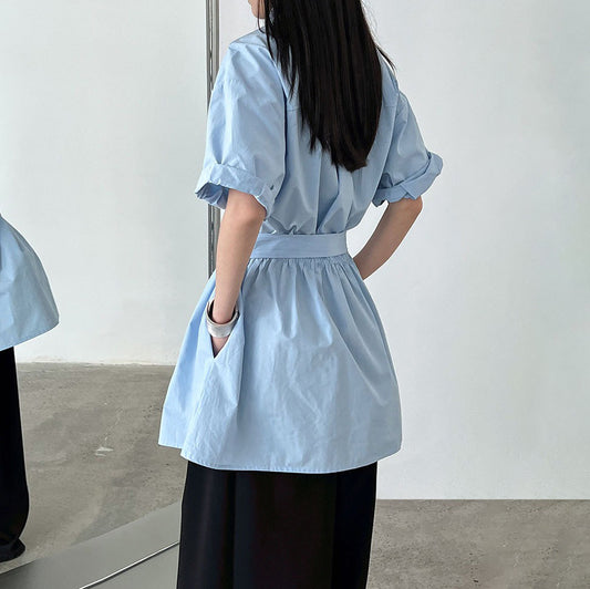 【トップス】韓国風 デザイン性 ウエストベルト付き シャツ レディース 夏新作 ウエストマーク 半袖 トップス【SNシリーズ】