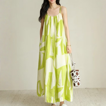 【ワンピース】タイの海辺 リゾート風 グリーン プリント 肌を明るく見せる キャミソール ワンピース 【SHシリーズ】