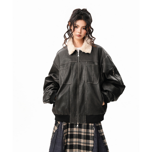 【アウター】ボア襟 春 秋 冬 暖かい テーラードカラー レザージャケット 【FCシリーズ】
