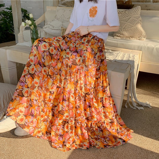 【ボトムス】花柄シフォンティアードスカート 夏 ハイウエスト Aライン  体型カバー リゾート・旅行におすすめ【SHシリーズ】