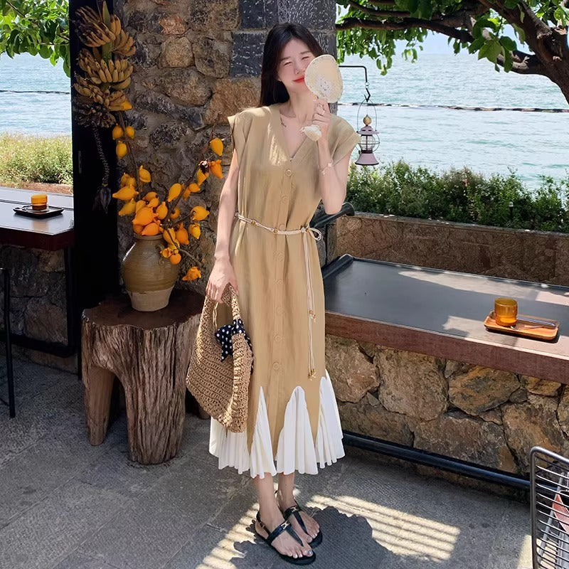 【ワンピース】大人可愛いコットンリネンマーメイド ノースリーブワンピース ゆったり高見えシルエット【JZシリーズ】