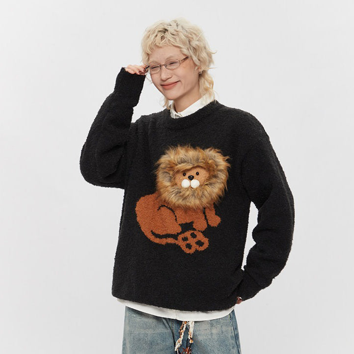 【トップス】ライオン柄 アメリカン カップル用 プルオーバーニット レディース 秋冬 新作 オーバーサイズ ゆるニット【FCシリーズ】