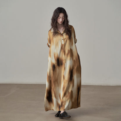 【ワンピース】新中式プリント 気品あるフィット感 ロング丈 半袖 シャツワンピース【SHシリーズ】