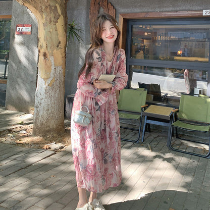 【ワンピース】ロマンチック フレンチ ピンク 小花柄 ワンピース 春夏秋 細見え 若見え 上品 長袖 ドレス【SHシリーズ】