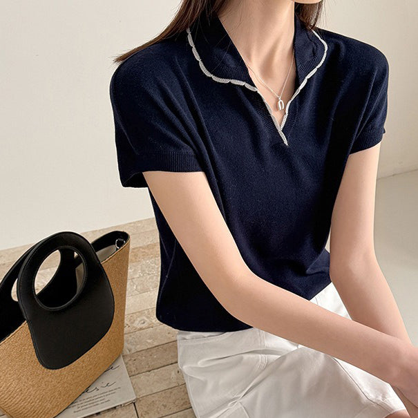 【トップス】襟付きTシャツ レディース 春新作 韓国風 ゆったり カジュアル 半袖 デザインTシャツ【JZシリーズ】