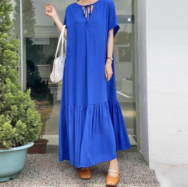 【ワンピース】夏 レトロ 大きいサイズ ゆったり スリム見せ 膝下丈 半袖ワンピース
