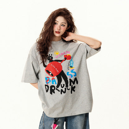 【トップス】アメリカンレトロ 趣味落書きプリント 半袖Tシャツ レディース 夏 ゆったり カジュアル【FCシリーズ】【15〜20日発送】