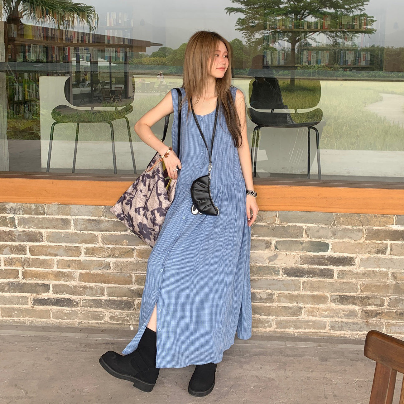 M~4XL【ワンピース】チェック柄 レディースノースリーブワンピース フロントボタン ロング丈ゆるシルエット【 JZ シリーズ】
