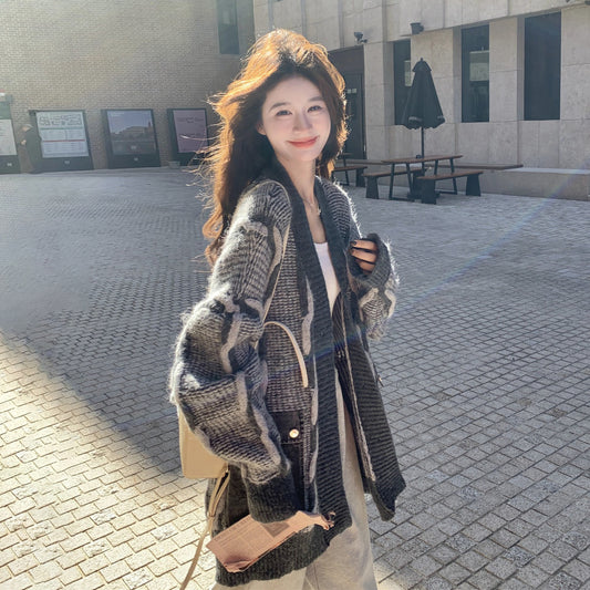 【アウター】デニムポケット切替デザイン✨ゆったりニットカーディガン レディース 秋冬新作【JZシリーズ】