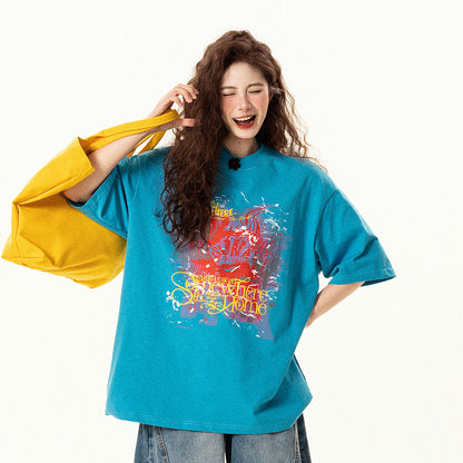 【トップス】レトロデザイン 落書き風 ブルー 半袖Tシャツ レディース 夏 ゆったり カジュアル【FCシリーズ】【15〜20日発送】