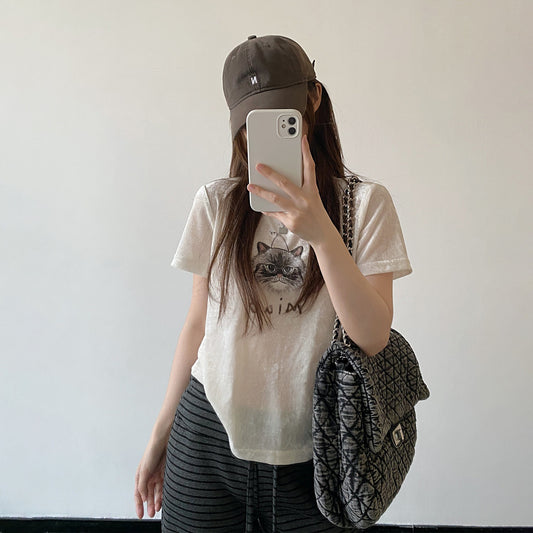 【トップス】フロッキー混紡 Tシャツ レディース 夏 ハンドペイント 可愛いネコ柄 光沢感 クルーネック 半袖 ルーズフィット カジュアル 人気【FCシリーズ】
