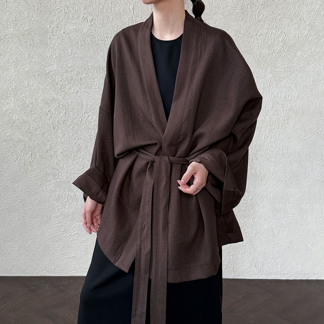 【アウター】ゆるシルエット 高級感 チャイナ風 ウエストリボン 無地 中長丈 トレンチコート【JZシリーズ】