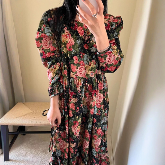 【ワンピース】春 秋 ラウンドネック 切替 長袖 花柄ワンピース 【SHシリーズ】