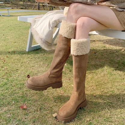 【シューズ】秋冬 新作 厚底 裏起毛 バックジップ ロングブーツ 太ヒール スエード調 【25~30日発送】