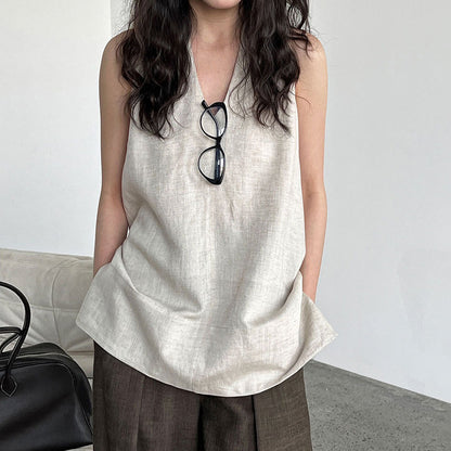 【トップス】デザイン性のある ハイネック 夏の涼感 リラックス Vネック ノースリーブブラウス【JZシリーズ】