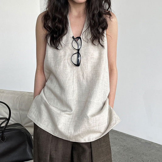 【トップス】デザイン性のある ハイネック 夏の涼感 リラックス Vネック ノースリーブブラウス【JZシリーズ】