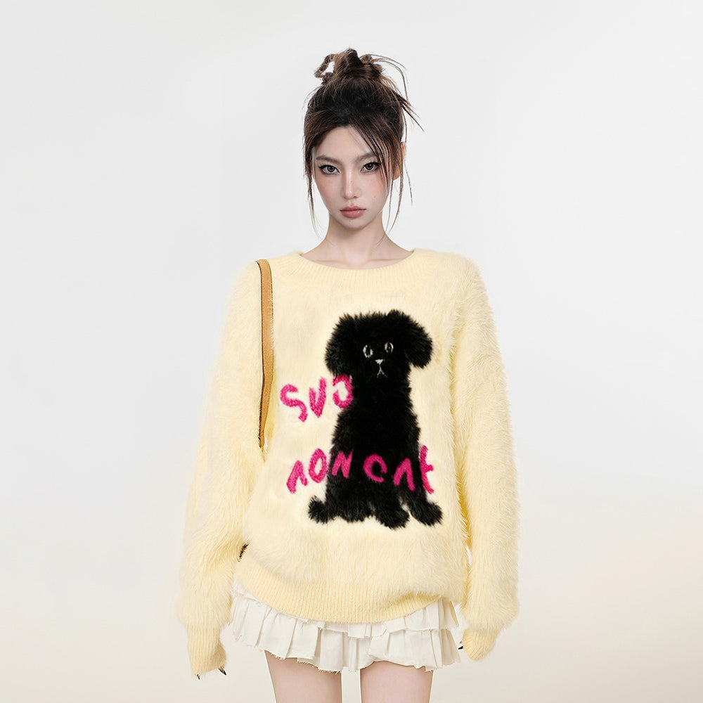 【トップス】小犬モチーフ マハラム風 ニット レディース 秋冬 厚手 ふんわり ミンク風 クルーネック セーター【FCシリーズ】