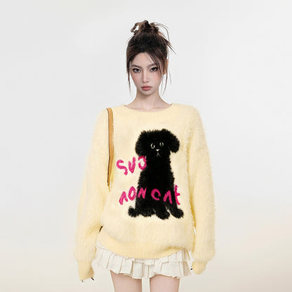 【トップス】小犬モチーフ マハラム風 ニット レディース 秋冬 厚手 ふんわり ミンク風 クルーネック セーター【FCシリーズ】