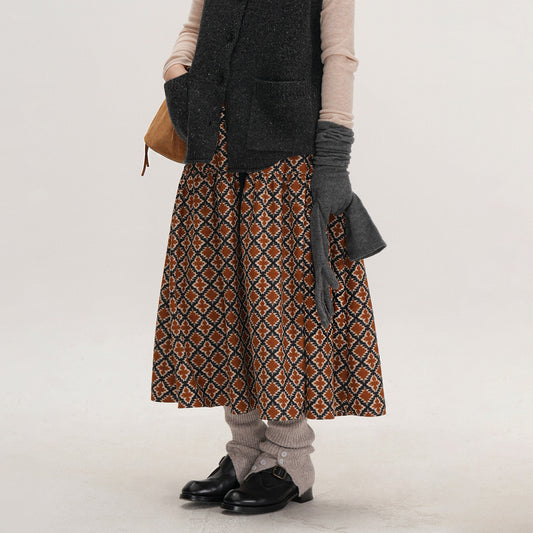 【ボトムス】秋冬らしい温もり素材 ⭐ プリントコーデュロイ ハイウエスト ゴムウエスト 学院風 シンプル ミモレ丈 スカート【JZシリーズ】【SHシリーズ】【15~20日内発送】