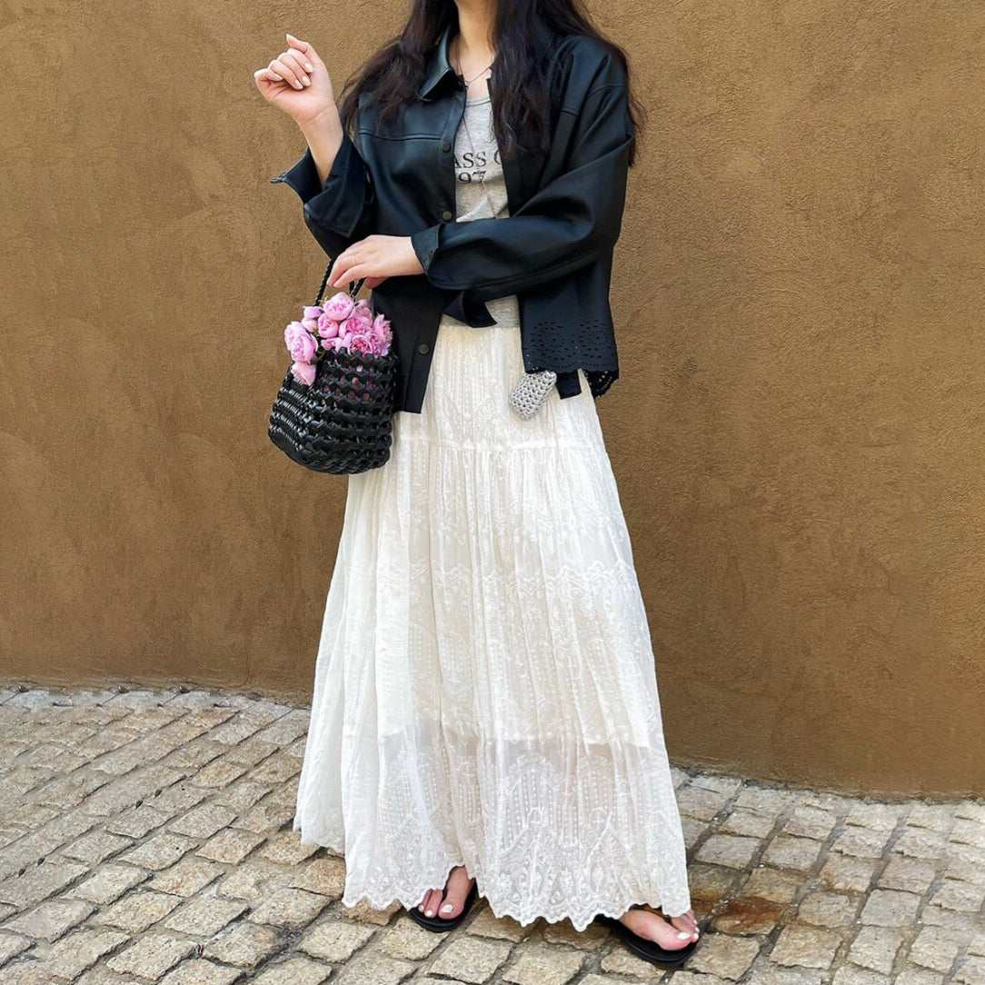 【ボトムス】春夏新作 レディース レースAラインスカート ハイウエスト ミモレ丈 体型カバー 切り替え リゾート風【JZシリーズ】