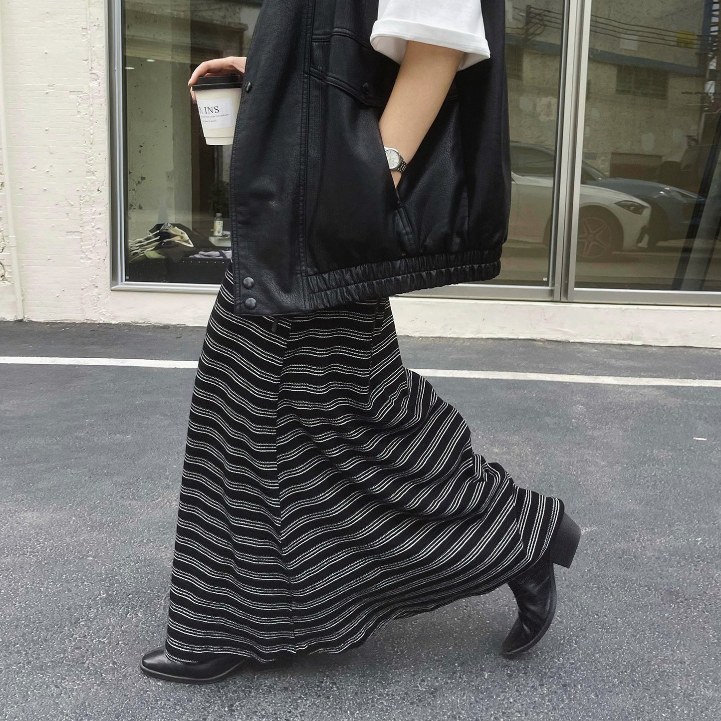 【ボトムス】レトロ ストライプ ニットスカート 初秋新作 ハイウエスト スリム見え Aラインスカート【SHシリーズ】