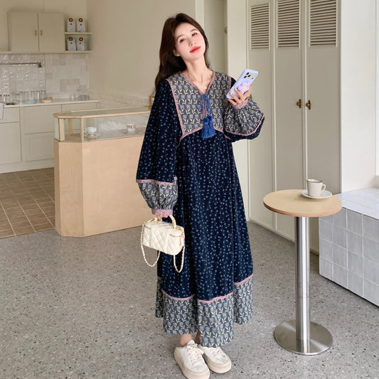 【ワンピース】フレンチ風 配色切替 花柄ワンピース レディース 2026春新作 ゆったりシルエット 体型カバー 着痩せ ロング丈 長袖 ワンピース【SHシリーズ】