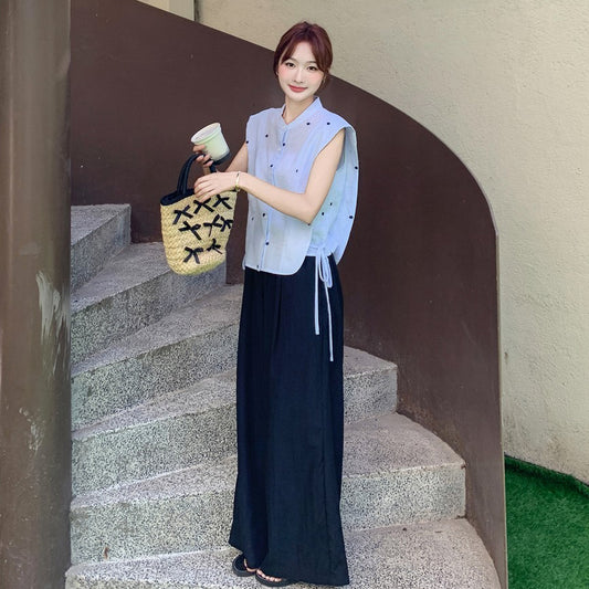 2点セット！【セットアップ】 レトロシャツ×ワイドパンツ 上下セット 夏 上品で大人っぽい【JZシリーズ】