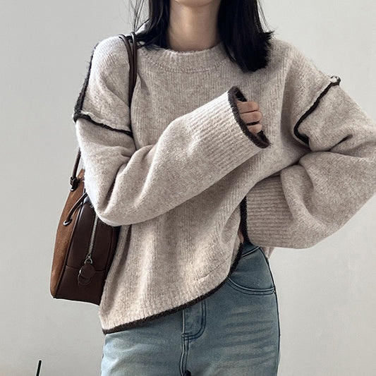 【トップス】韓国風 配色 ニット トップス 秋冬 ゆったり 体型カバー クルーネック【JZシリーズ】