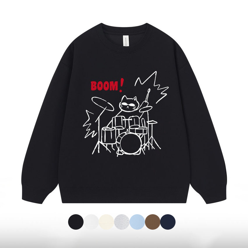 7カラー | S~3XL【トップス】ロックドラムキャット 手描き風アメリカンプリント クルーネックスウェット 秋 ユニセックス ルーズ パーカー【FCシリーズ】