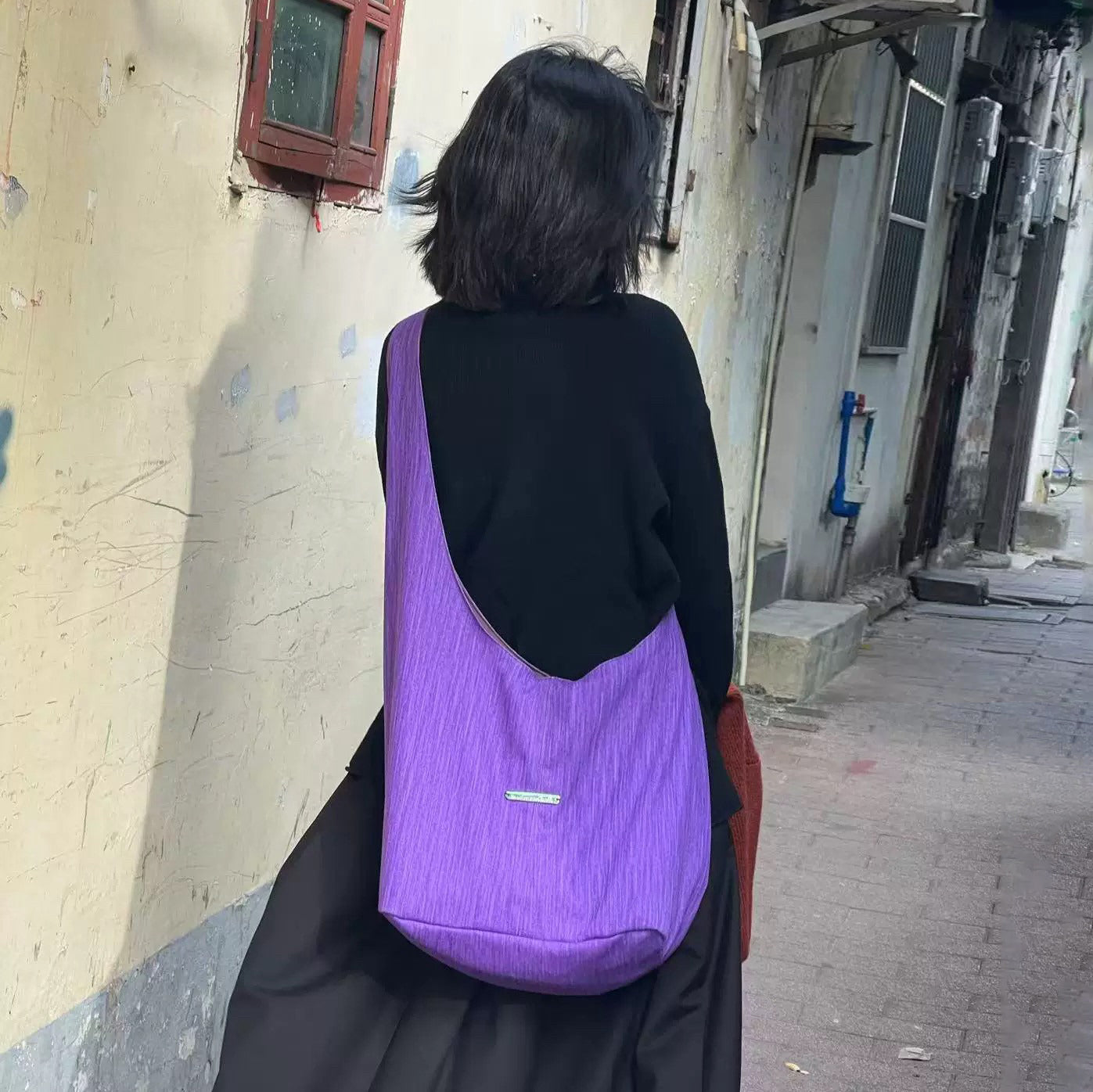 【バッグ】韓国風ゆるシルエット ワンショルダー斜めがけキャンバスバッグ パープルトート 大容量