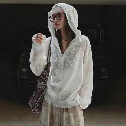 【アウター】韓国風 レース ジャカード×フード付き シャツ 涼しげで軽やか◎おしゃれ女子のための透け感サマートップス【JZシリーズ】