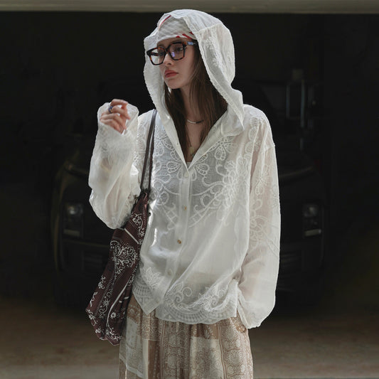 【アウター】韓国風 レース ジャカード×フード付き シャツ 涼しげで軽やか◎おしゃれ女子のための透け感サマートップス【JZシリーズ】