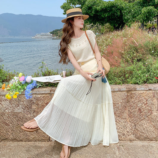 2点セット！【セットアップ】フレンチ風 ニットトップス＋プリーツスカート上下セット レディース 夏 アシンメトリー フェミニン 大人可愛い【JZシリーズ】