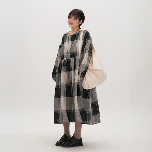 【ワンピース】春 秋 冬 チェック柄 個性的 レトロ風 通勤用 長袖 ワンピース 【JZシリーズ】