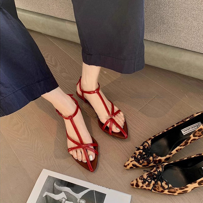 【シューズ】夏新作 フレンチエレガンス ポインテッドトゥ オープントゥ ローマサンダル