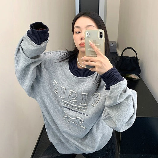 【トップス】春 秋 冬 アップリケ刺繍 配色 クルーネック カートゥーン パーカー【FCシリーズ】