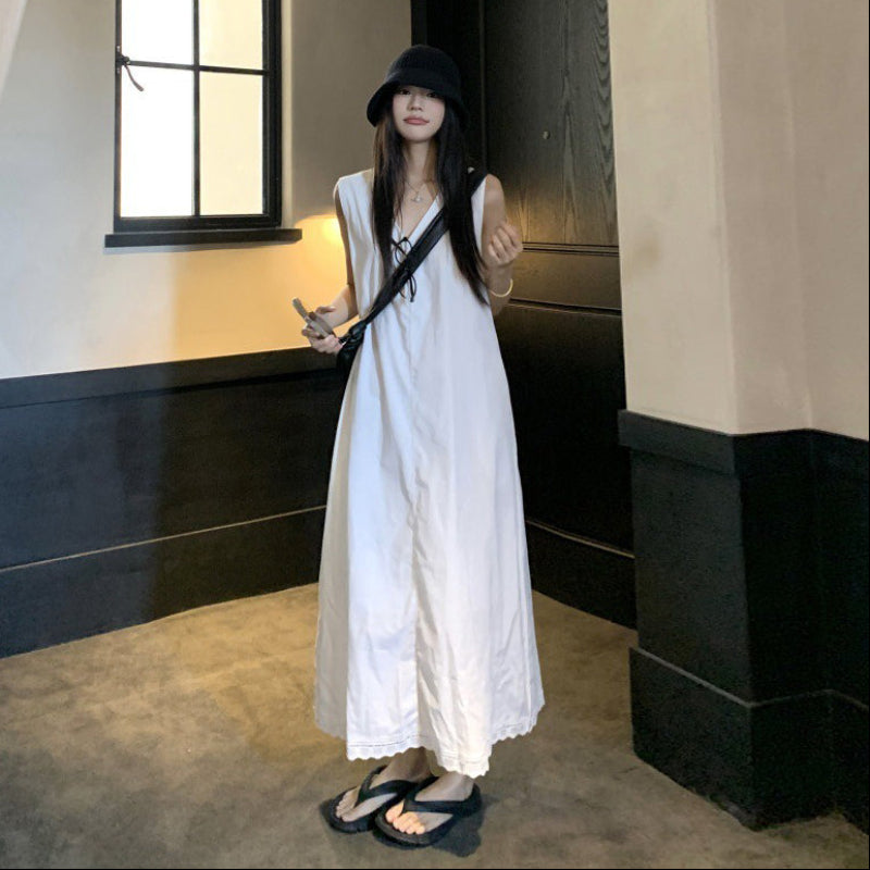 【ワンピース】ホワイト Vネック ノースリーブ Aライン ロング丈 リゾート風 ゆったり ナチュラル ワンピース【JZシリーズ】