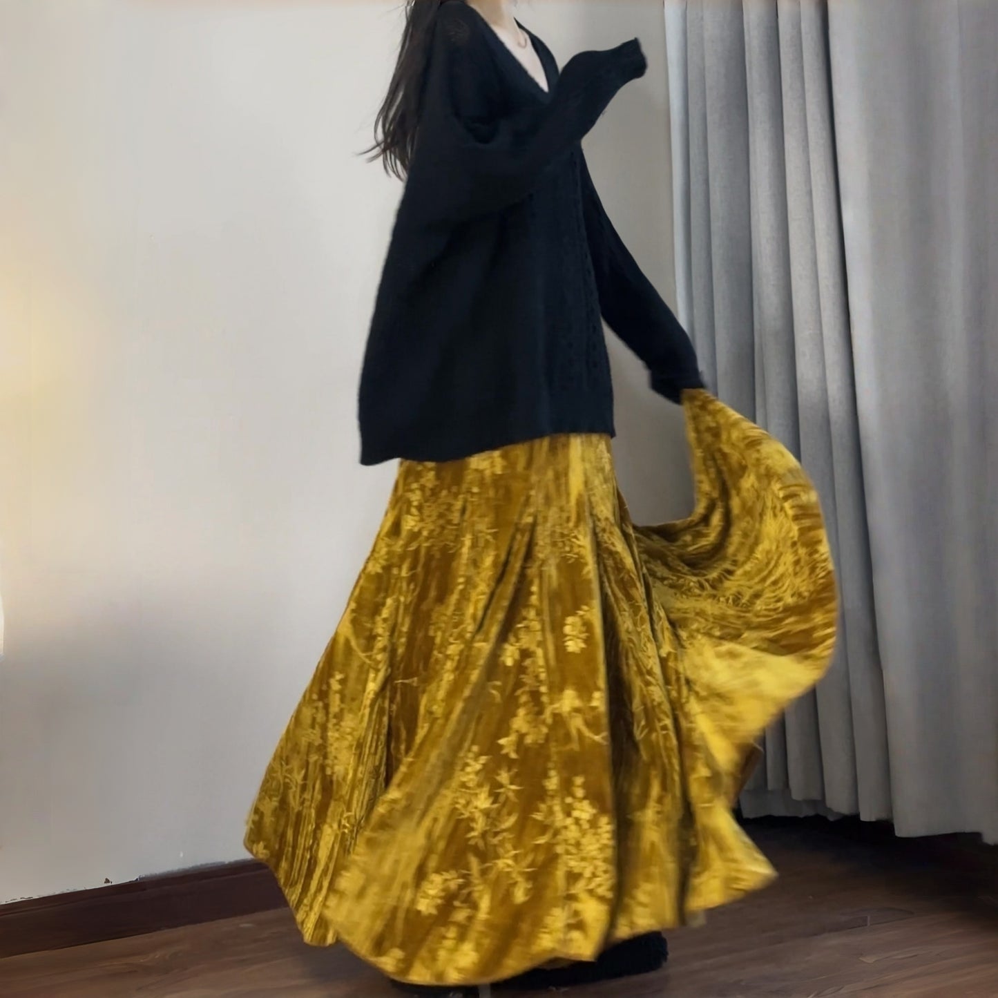 【ボトムス】オールドマネー プリント ベルベット アシンメトリー マーメイドスカート【SHシリーズ】