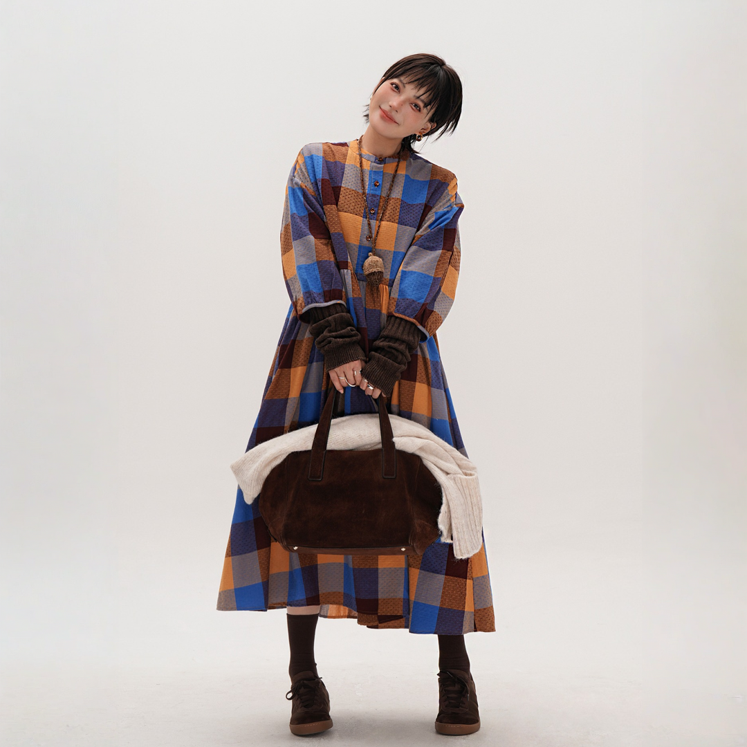 【ワンピース】春 秋 冬 レトロ風 ゆったりチェック柄 ロング ワンピース ワンピース 【JZシリーズ】